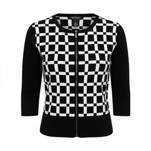 White House Black Market Zip Front Cardigan Black/White Check 3/4 Sleeve Large